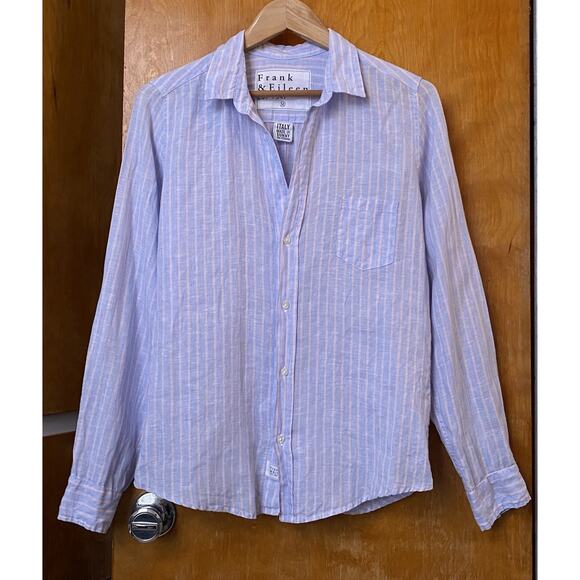 Frank & Eileen Shirt Barry Blue Stripe Linen Button Down Shirt Quiet Luxury Sz M - Picture 1 of 10